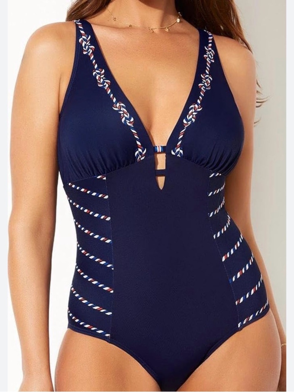 Swimsuits For All Navy One Piece Swimsuit Cutout Striped Trim 20